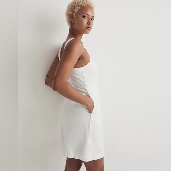 NWT Madewell Tile White Denim Square-Neck Sleeveless Mini Dress Size 4 NL444 - Picture 2 of 13